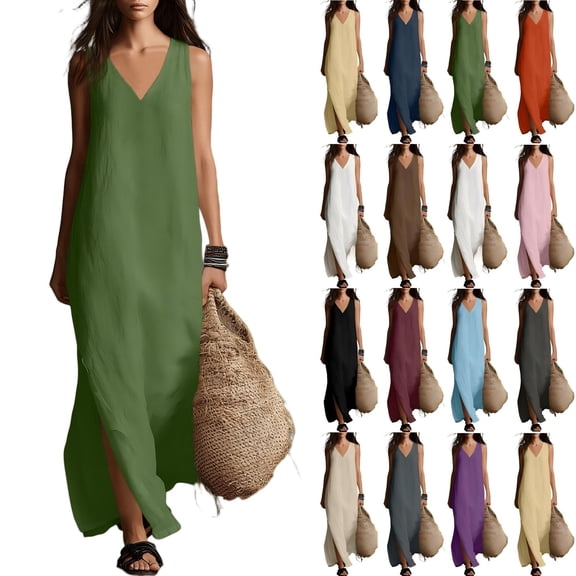 Tqcoqu Summer Dresses for Women,2026 Cotton Linen V Neck Sleeveless Maxi Dress,Casual Beach Side Slit Loose Flowy Sundresses