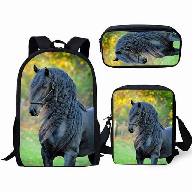 Nouveauté Mode Cheval Frites Impression 3D 3 Pcs/ensemble Sacs d'École Élève Sac à Dos pour Ordinateur Portable Sac à Dos Épaule Inclinée Trousse, Marron