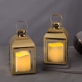 thumbnail image 1 of Gold Decorative Candle Lanterns - 8 Inch Battery Operated Metal Lantern, Flickering Warm White LED Light, Batteries & Timer Included - 2 Pack (Gold with Candle), 1 of 6