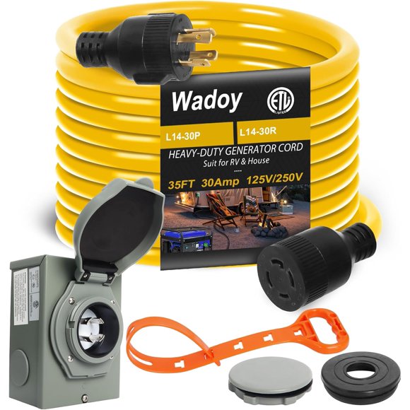 30 Amp Generator Cord and Power Inlet Box, 35 Ft Generator Power Extension Cord 4 Prong Yellow NEMA L14-30P to L14-30R 125V, 7500W Generator Power Inlet Organizer Combo Kit for Outdoor Use ETL Listed