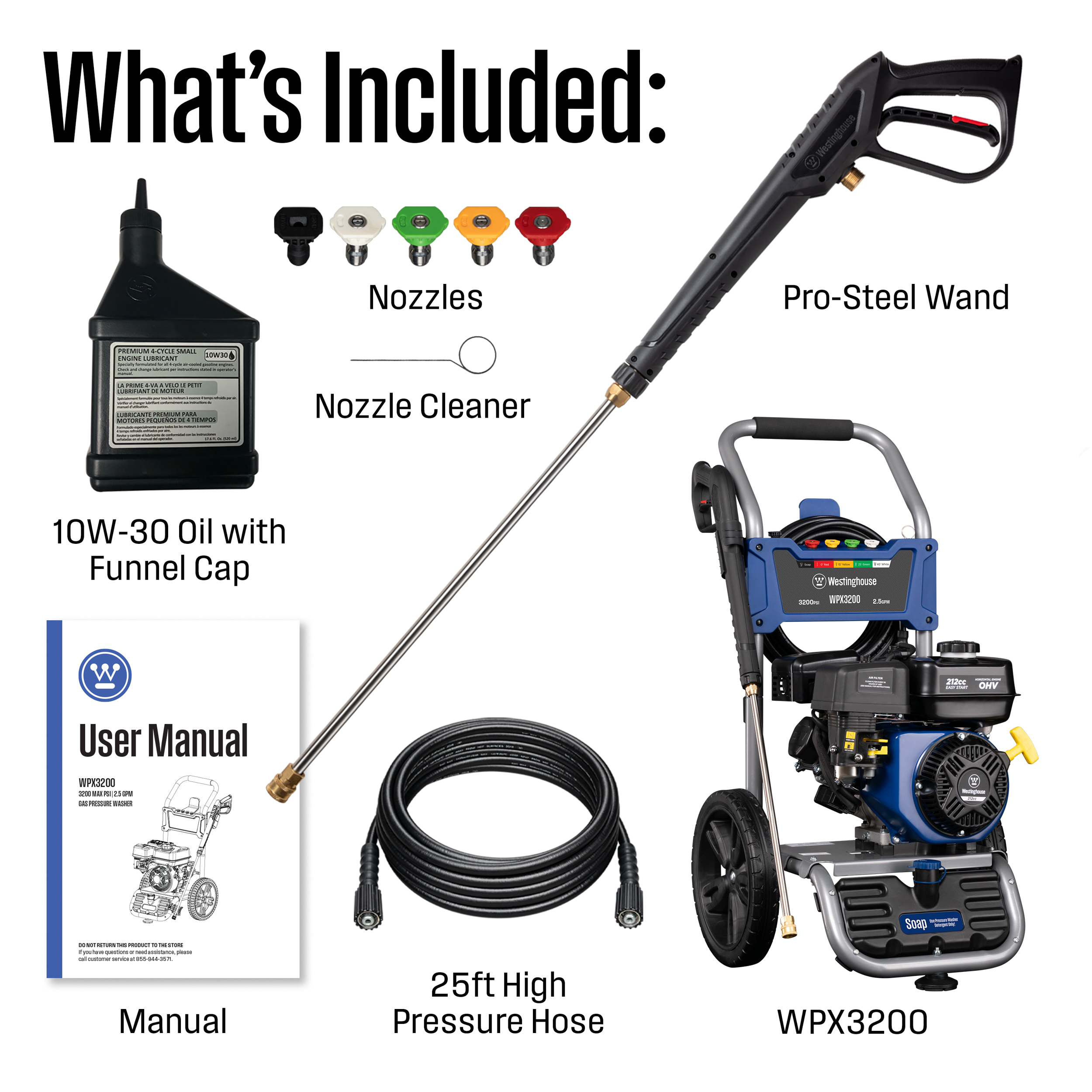 Westinghouse 3200-PSI, 2.5-GPM Gas Pressure Washer with 5 Nozzles & Soap Tank, 63 lbs. - image 8 of 13