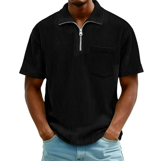 Blusa y camisa de manga corta con cuello vuelto para hombre, color liso, informal, con solapa, cierre de cremallera en un cuarto y bolsillo en el pecho, camisa de manga corta con solapa, tops para hom