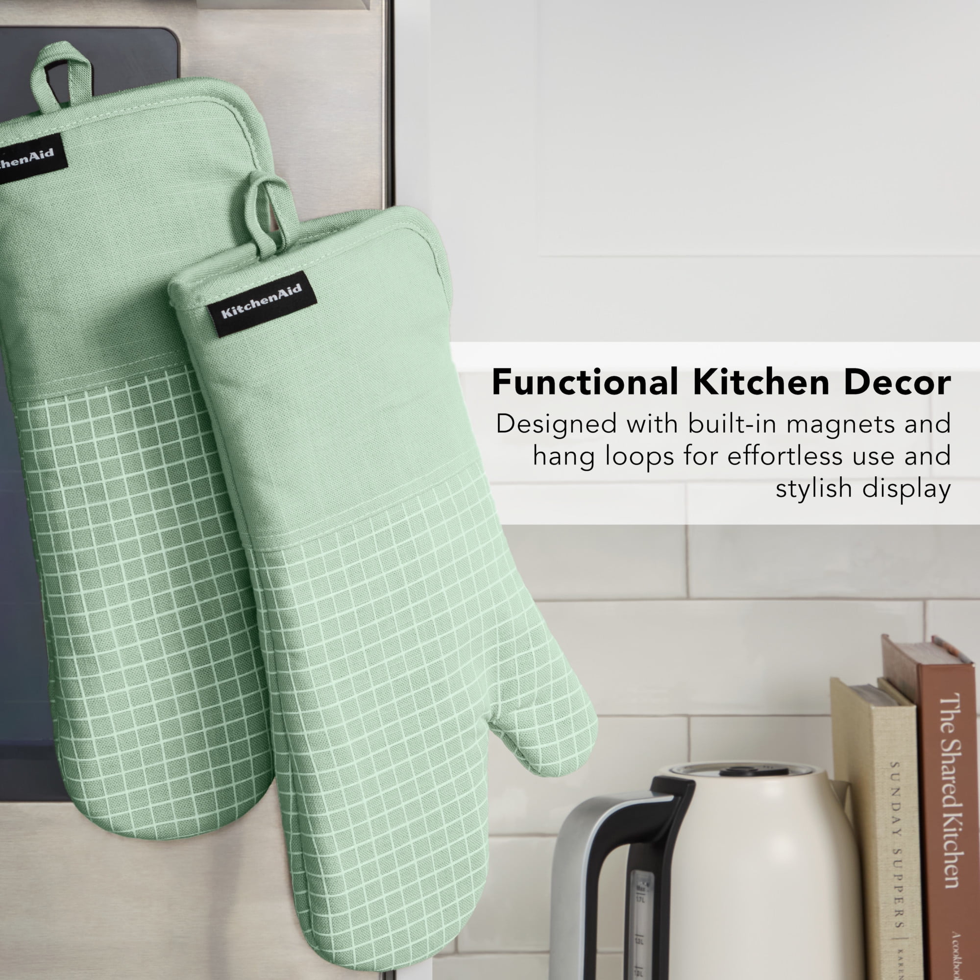 KITCHENAID Gourmet Series Gridlines Oven Mitts 2-Pack Set, Heat Resistant up to 600°F, Soft Silicone Grip, Magnetic Cuff, Pistachio Green, 7"x14"