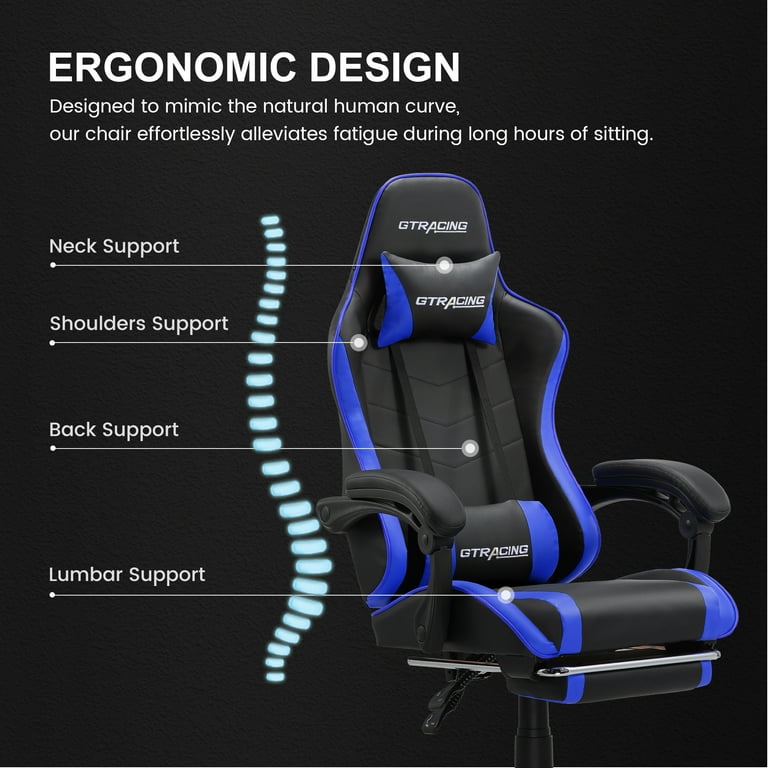 Free Shipping GTRACING GTWD 200 Ergonomic Gaming Chair with Adjustable Pillows and Footrest for Ultimate Comfort Blue Walmart