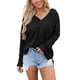 thumbnail image 4 of Tops de otoño para mujer, camisas de manga larga con cuello en V, informales, con abertura, Top holgado de talla grande con bolsillo en el pecho, negro S, 4 of 6