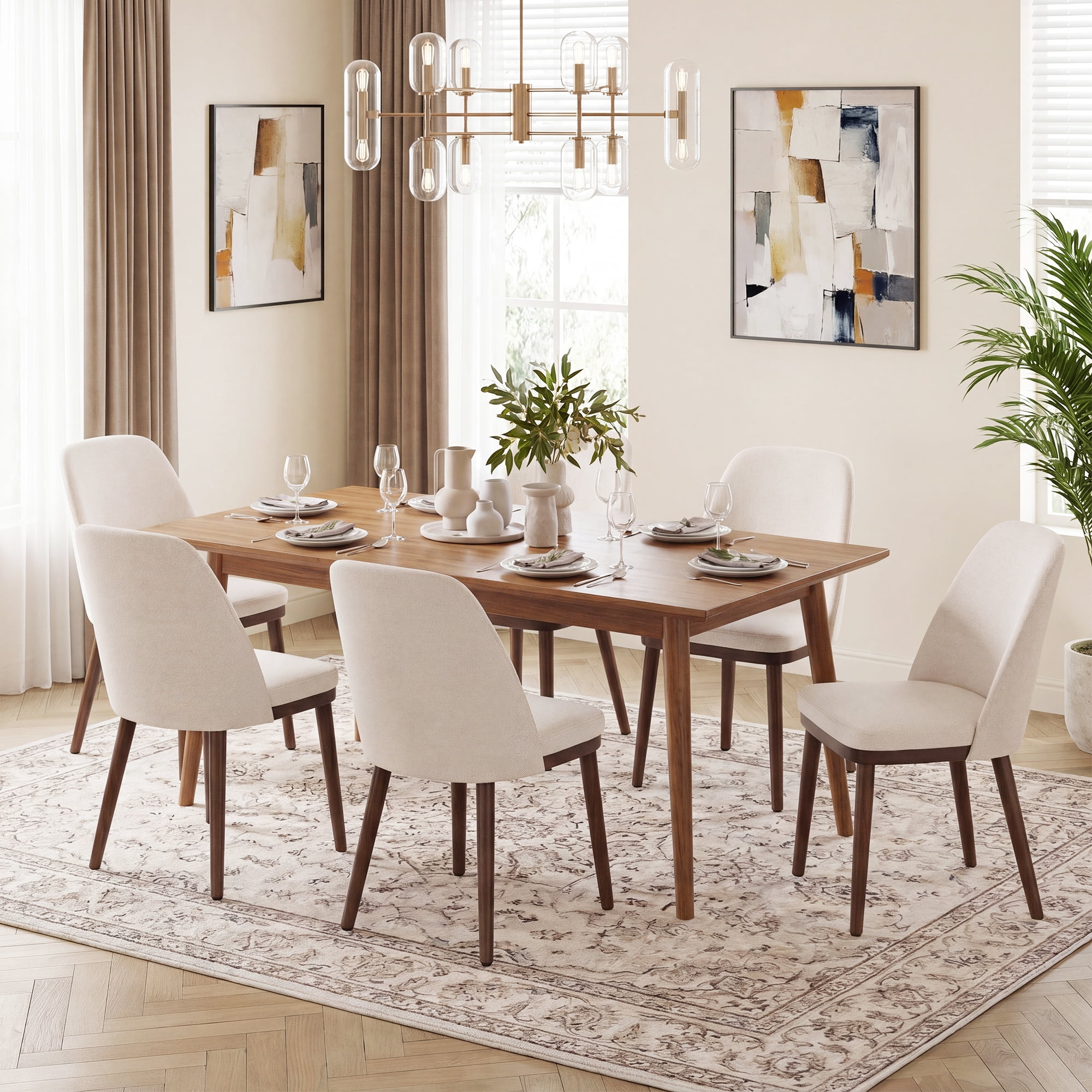 Modern Upholstered Dining Chairs Set of 2 — Fabric Padded Side Chairs with Solid Wood Legs for Kitchens and Dining Rooms, Beige