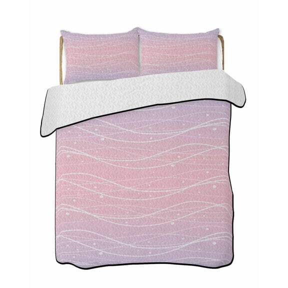 Quilts King Size Bedding Set, Pink Purple Ombre Lightweight Quilted Comforter, Modern Abstract Striped Polka Dots Soft Reversible Bedspread Coverlet with Pillow Covers for All Season, 96" x 106"