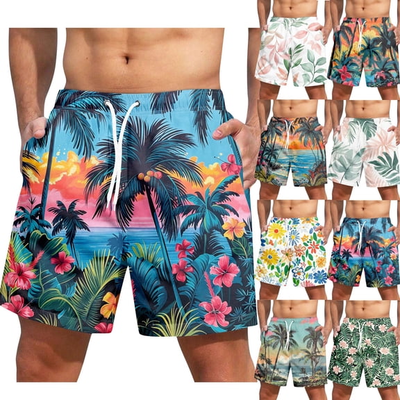 Men's Fashion Hawaiian Print Beach Shorts, Elastic-Waisted Casual Yoga Pants for Summer Vacation, Tropical Holiday and Swim,Blue,L