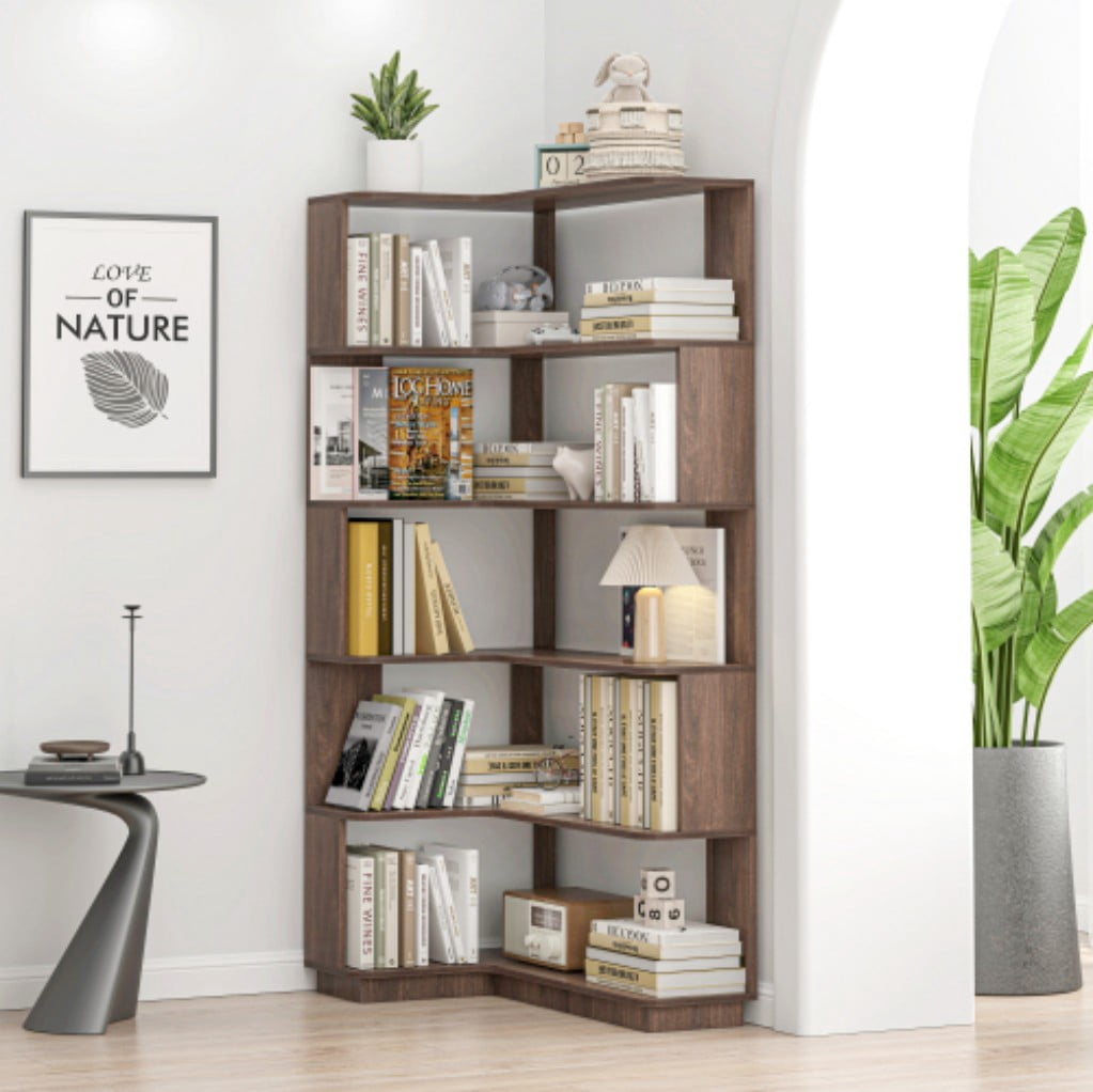5-Tier L-Shaped Corner Bookshelf, 35.43" Freestanding Wooden Bookcase with Anti-Drop Panels & Anti-Tip Device, Open Display Storage for Living Room, Bedroom & Home Office, Dark Brown