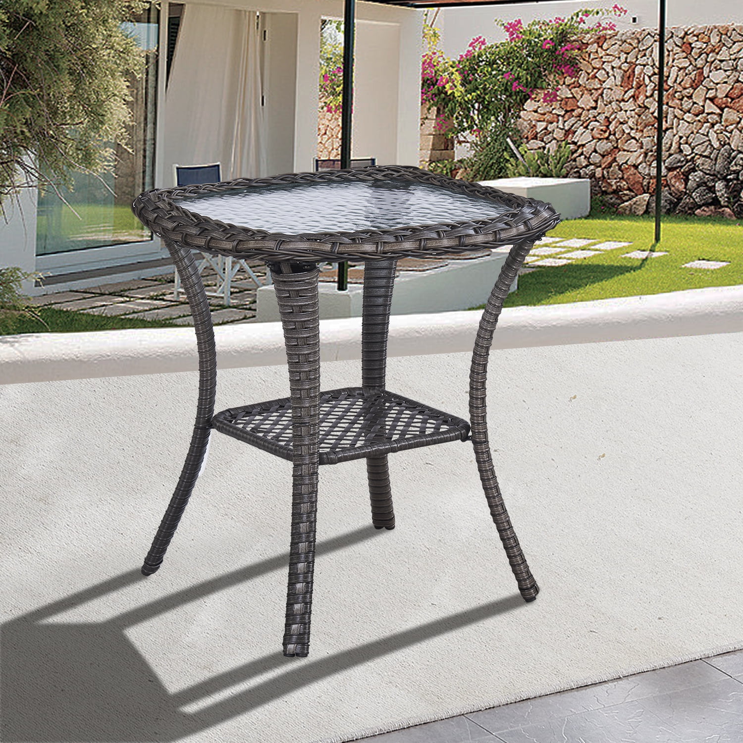 OPOHORO Outdoor Wicker Side Table,22x20x20 inch All Weather Rattan Small Patio Table Square End Table for Pool Balcony Deck Porch Lawn Backyard, Gray