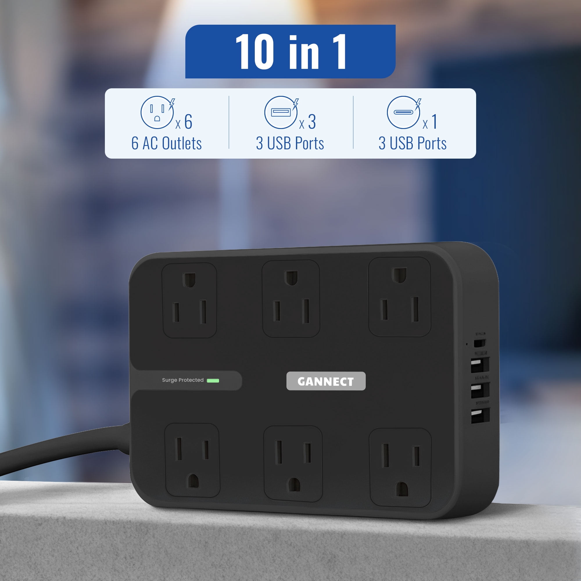 GANNECT 6 Outlet Surge Protector with USB C, 3 USB-A