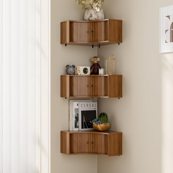 MorandiMalCorner Shelves Wall Cabinet Set of 3, Floating Corner Shelf Organizer with Sliding Doors, Fluted Wall Cabinet for Living Room, Bedroom, Office, Small Space, Walnut (recessed, 15.74")