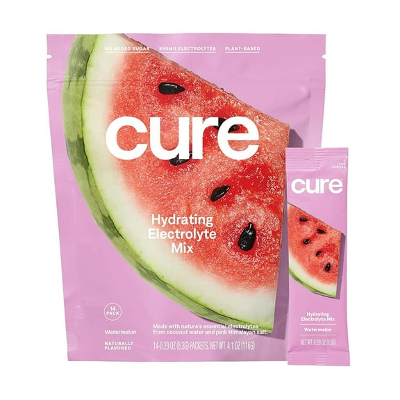Cure Hydrating Electrolyte Mix , Powder for Dehydration Relief , Made with Coconut Water , No Added Sugar , Vegan , Paleo Friendly , Pouch of 14 Packets - Watermelon Flavor 14 Count (Pack of 1)