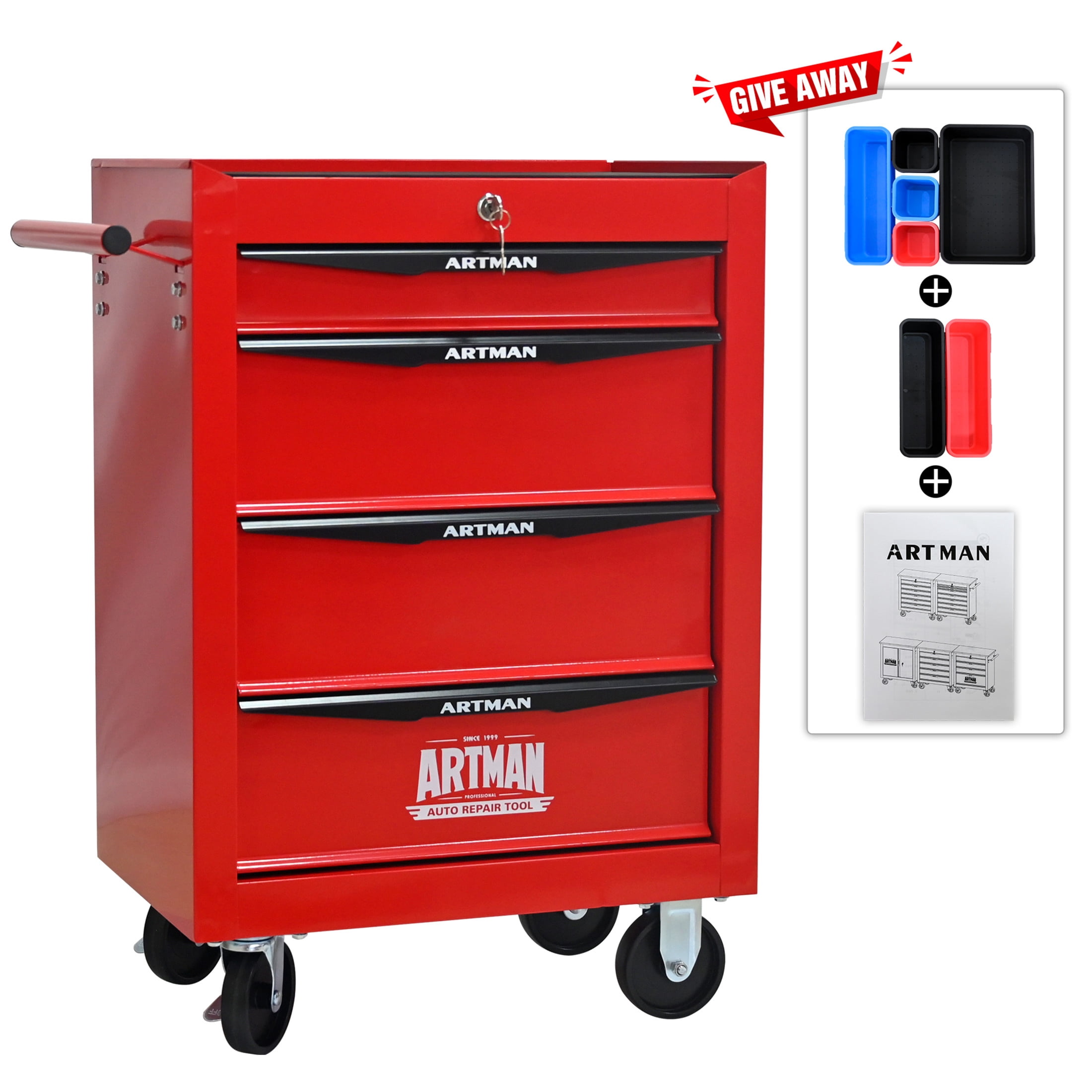 Noble House 4-Drawer Mobile Steel Tool Organizer with Key Lock, Ball Bearing Slide Storage Cabinet Box, Red