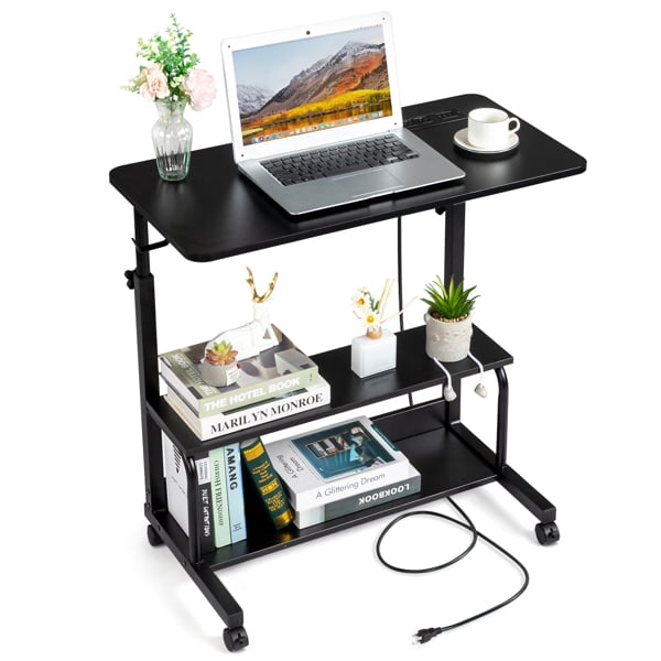 Black Wood Grain P2 15MM Particle Board Adjustable Computer Desk - 3 USB + 2 AC Outlets, for Students & Office Use