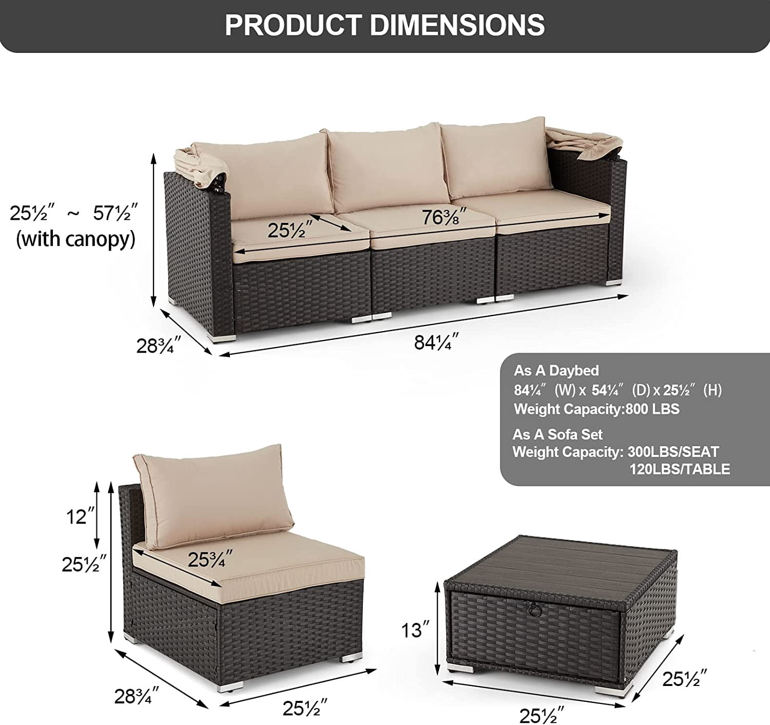 Vicluke 6 Pieces Patio Furniture Sets Outdoor Rattan Daybed, Rectangle Sunbed for Backyard (Khaki)