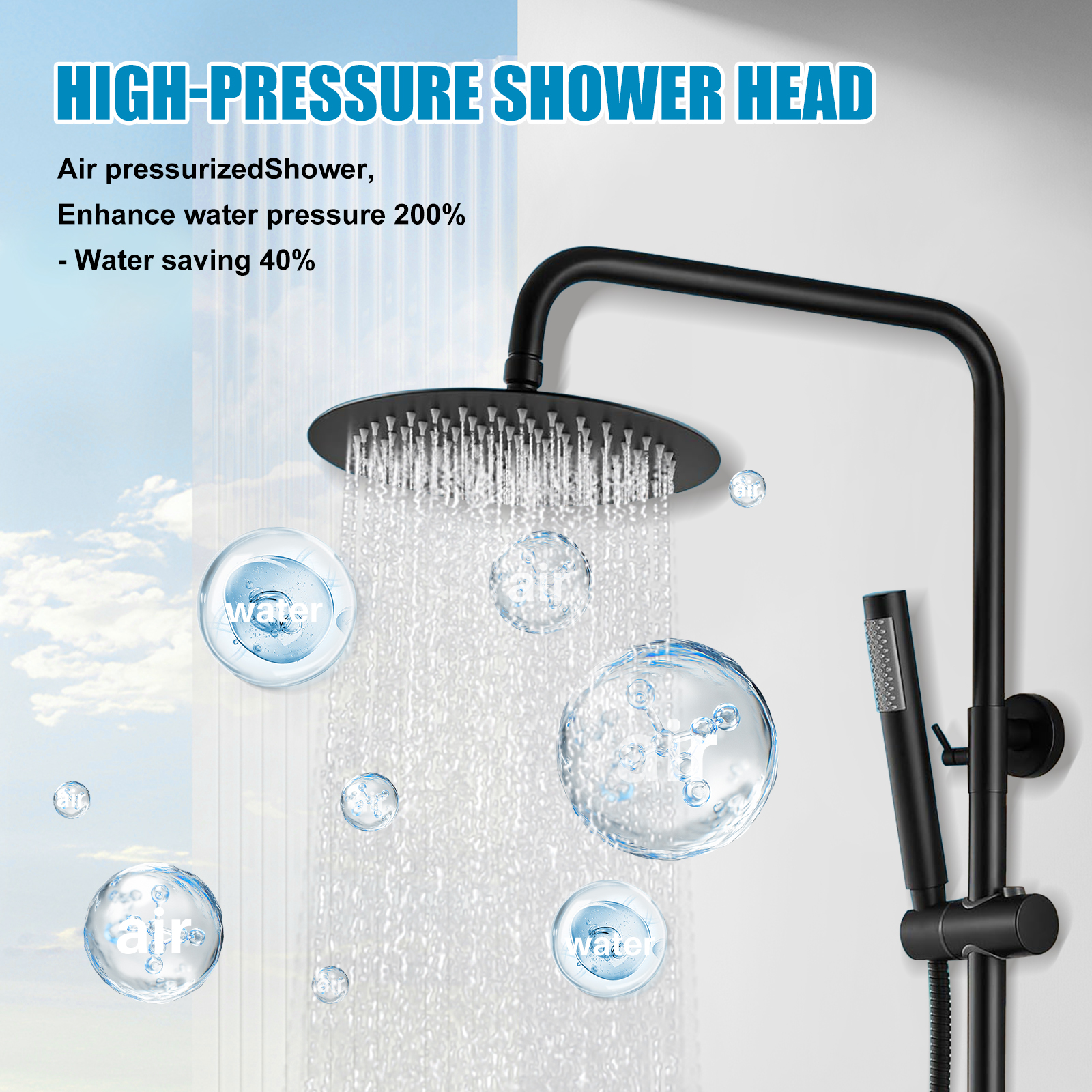 iMeshbean Black Shower Faucet Set 8" Rainfall Shower Head Combo System w/ Mixer Valve Kit