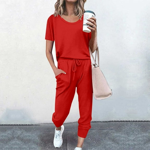 gbyLJF Summer Sets for Women Short Sleeve V-neck Top Loose Fit Cropped Pants Solid Color Two Piece Spring Casual Outfit