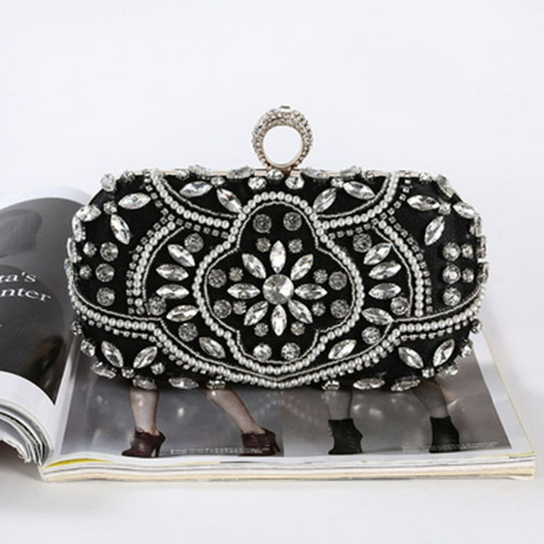 Diamond studded Clutch Bag with Crystal Floral Clasp Women Evening Handbag Formal Party Purse Black