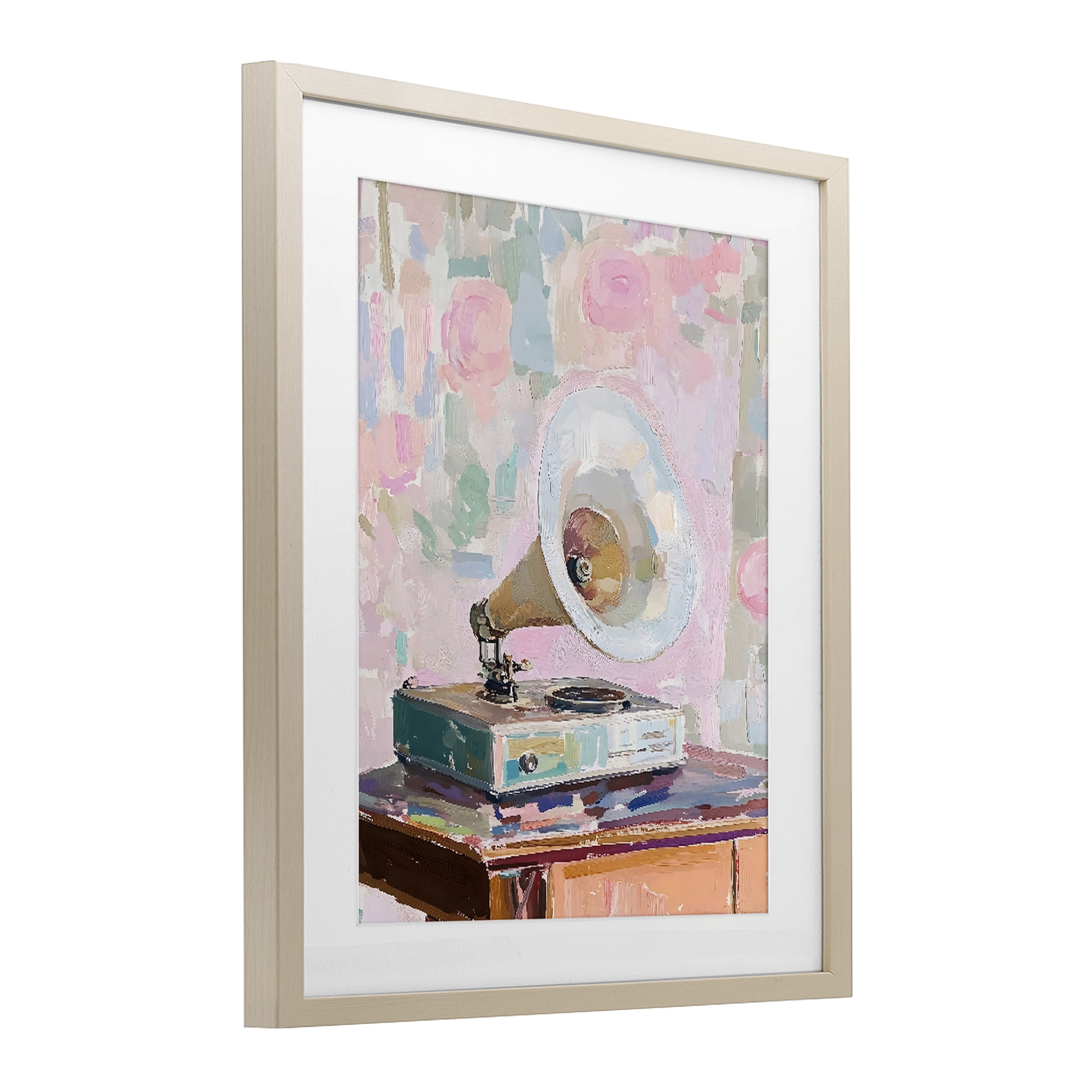 Stupell Industries Vintage Gramophone in Soft Pastels Birch Framed Print Under Glass, design by The Prints Vibe