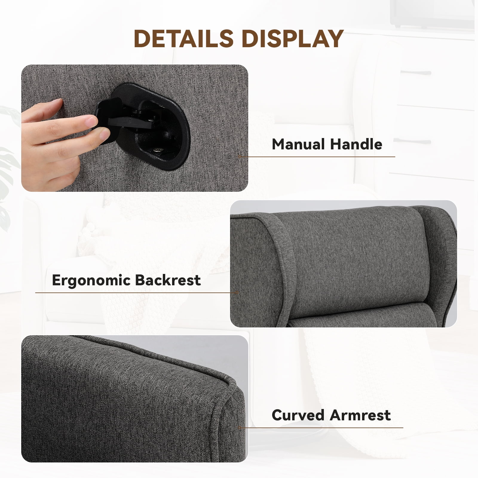 COMHOMA Swivel Rocker Recliner Chair, Fabric Swivel Glider Reclining Single Sofa for Living Room, Gray