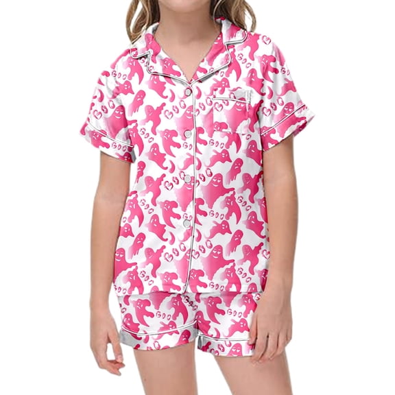 Afdoent Girls Pajamas Set Halloween Ghost Print Sleepwear Short Sleeve Lapel Top And Shorts Comfy Pajamas Set Casual Loungewear Comfortable Kids Holiday Sleepwear 4-5 Years