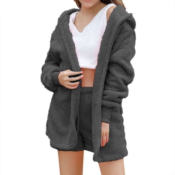 DuoJiaJ Womens Pajamas Three Piece Vest Shorts Jacket Plush Pajamas Three Piece Sets Women's Cozy Pajamas Grey