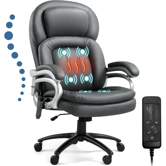 Heavy Duty Executive Office Chair, Big and Tall Office Chair 500lbs, Comfy Leather Ergonomic Chair with Massage and Heated Function, High Back Wide Chair for Home & Office Office, Grey