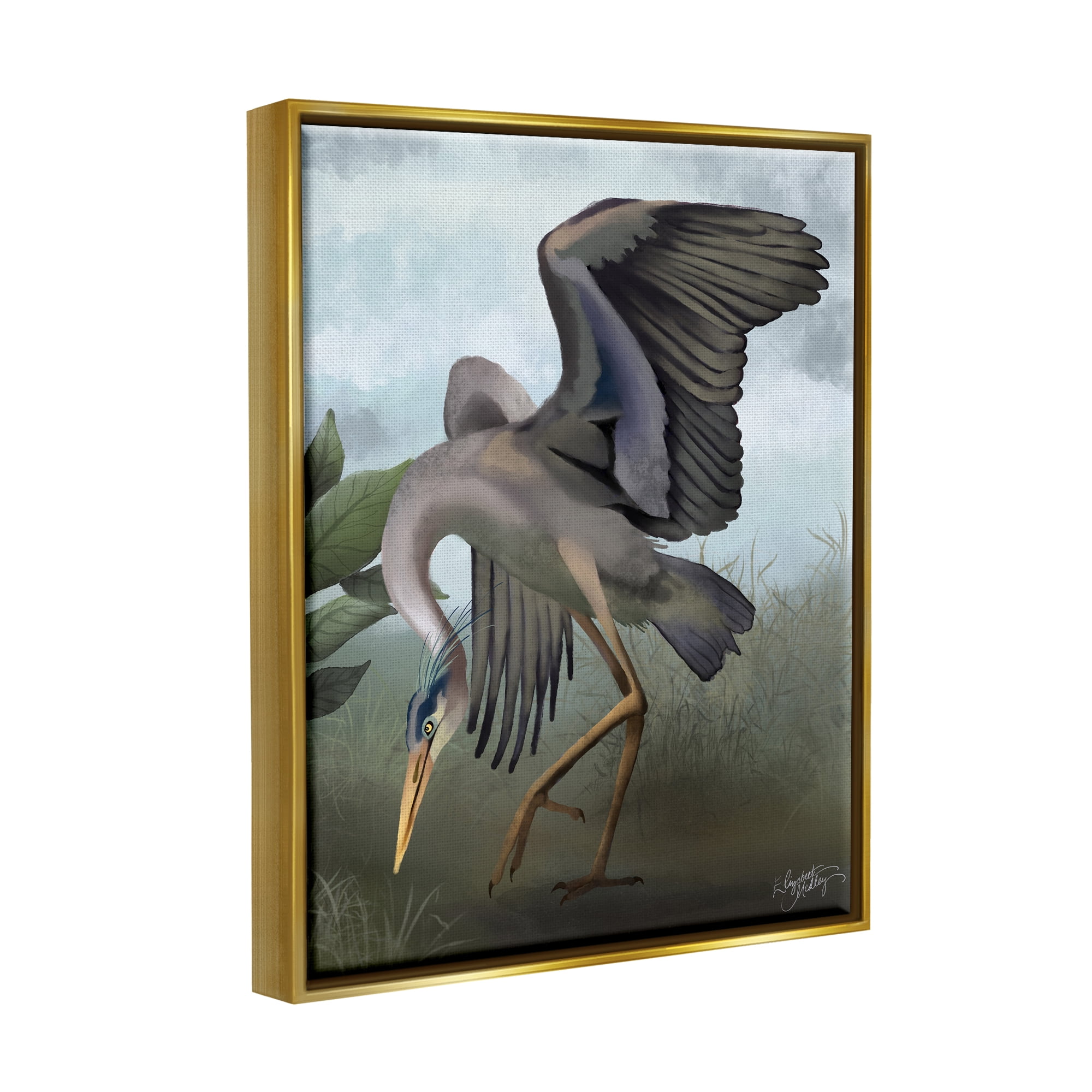Stupell Industries Dancing Crane Portrait Animals & Insects Painting Gold Floater Framed Canvas Art Print Wall Art, 25 x 31