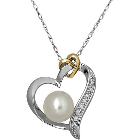Duet Pearl and Diamond Accent Sterling Silver and 10kt Yellow Gold Heart Pendant, 18