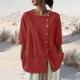 thumbnail image 2 of Mujeres 3/4 Manga Verano Tops Color Sólido Cuello Redondo Botón Cordón Blusa Casual para Diario, 2 of 7
