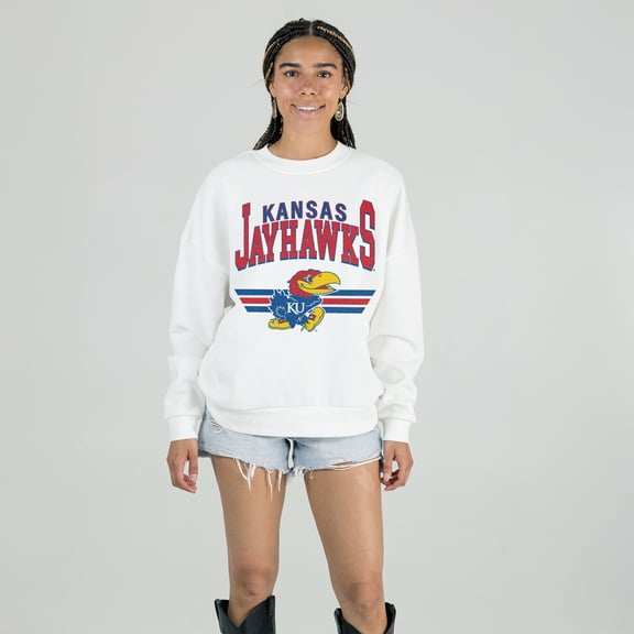 Women's Gameday Couture White Kansas Jayhawks Oversized Premium Fleece Sweatshirt