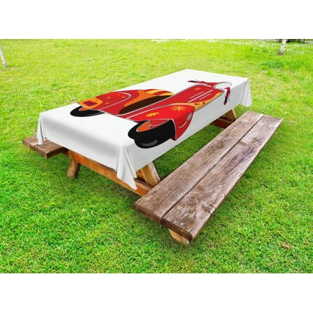 

Vintage Outdoor Tablecloth Motor Scooter Classical Caricature for Hippies Urban Memories Youth Modern Art Decorative Washable Fabric Picnic Tablecloth 58 X 104 Inches Red Orange by Ambesonne