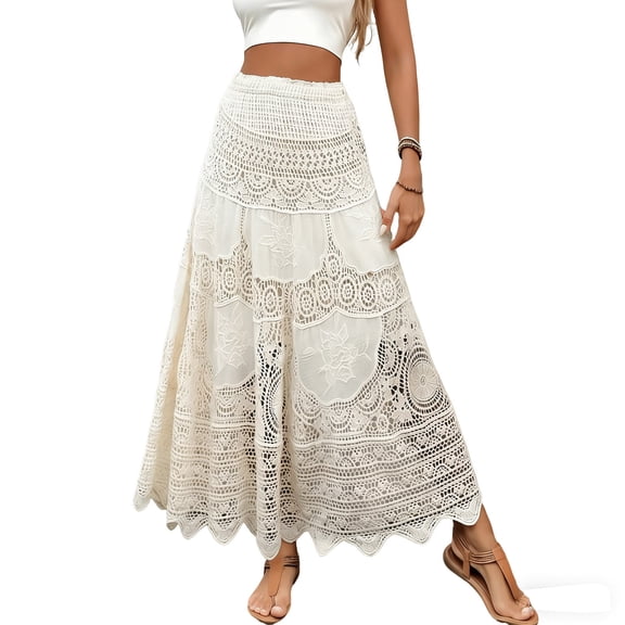 Skirts for Women Trendy,Women's Floral Embroidered Knit Skirt Lace Crochet Eyelet Elastic Waist Flared Maxi Long Skirt