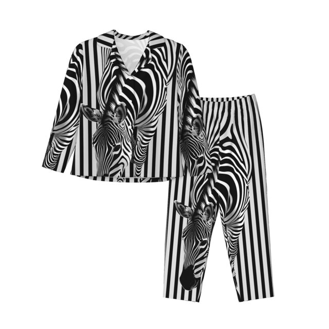 Balery Optical Zebra Illusion Conjunto de Pijama con Estampado para Mujer, Conjunto de Dos Piezas con Manga Larga, Ropa de Dormir Suave con Bolsillos, Pijamas Cómodos-XX-Large
