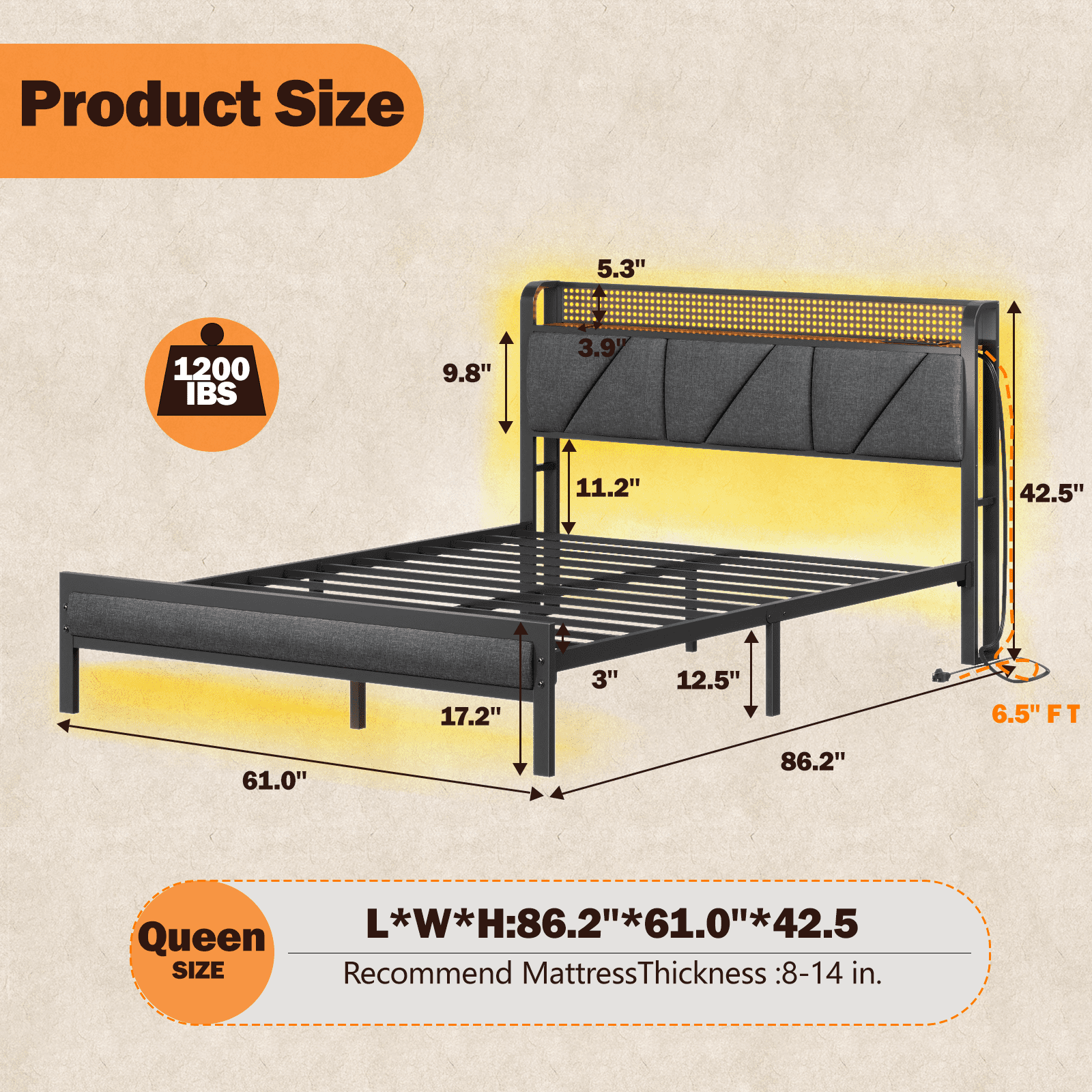 Satifur Queen Bed Frame with Upholstered Storage Headboard, Metal Platform Bed Station with Charging Station & LED, Noise-Free.No Box Spring Needed