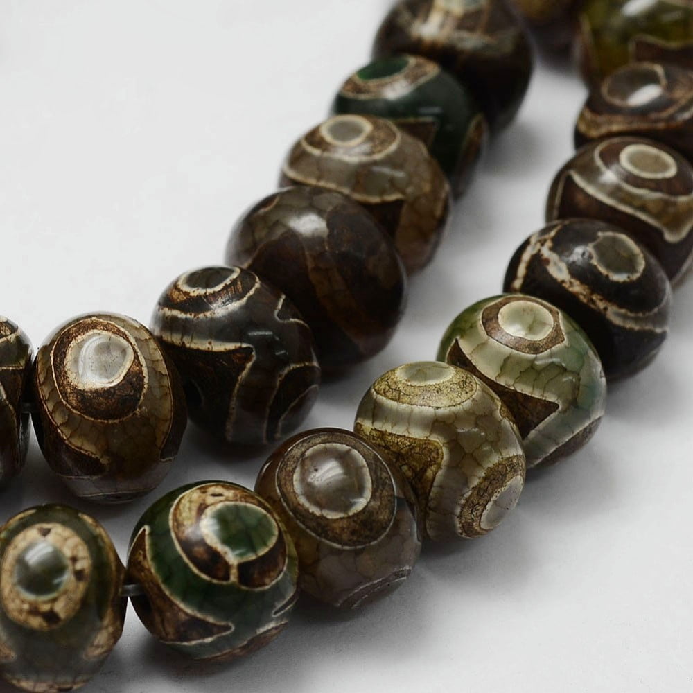 2 strand Tibetan style 3-Eye dZi Beads Strands Natural Agate Beads Dyed Heated Rondelle Dark Olive Green 14~14.5x9.5~10mm Hole: 2.5mm 37pcs/strand 14.2 inch(360mm)
