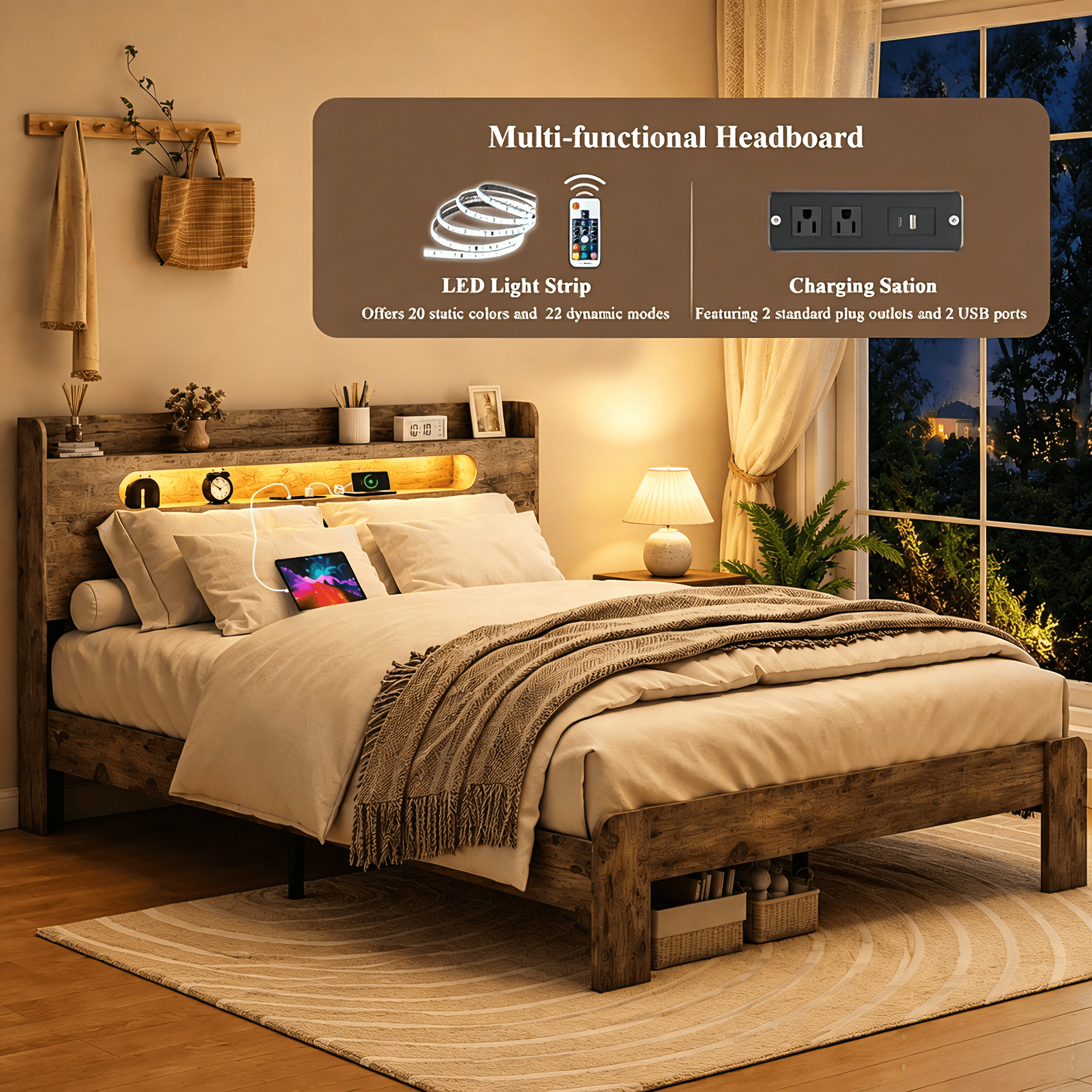 BSHTI King Wood Platform Bed Frame with 2-Tier Storage Headboard, Side Shelves, USB Charging Station, LED Lights for Bedroom(Vintage Brown)