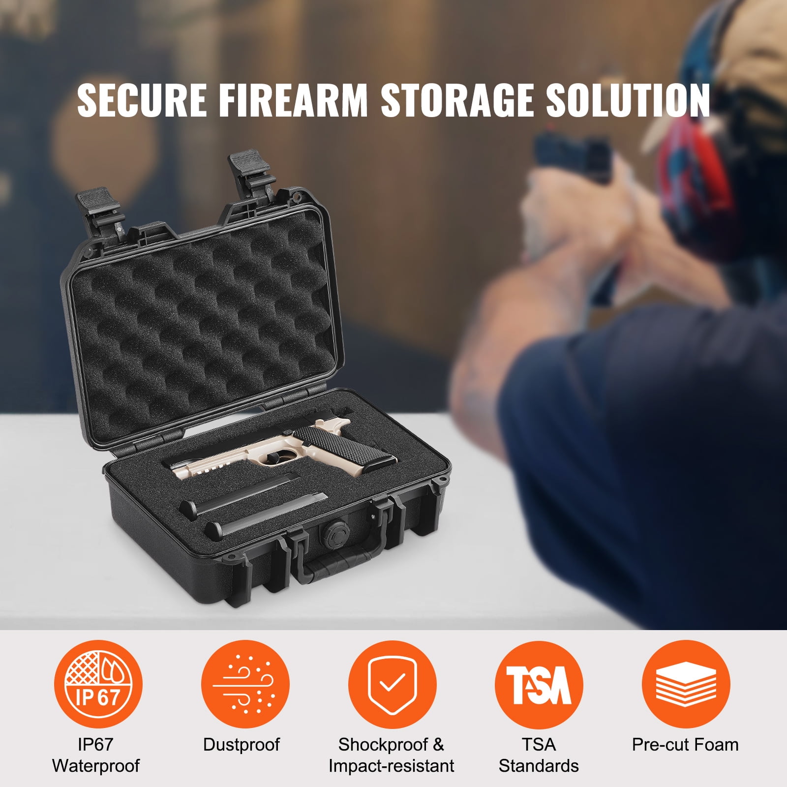 KFFKFF Durable Pistol Containers with Customizable Foam Inserts, Water-Resistant & Secure Hard Handgun Case for Single Pistol, Dimensions 12.59x9.01x4.4 inches, Features Lock, Color: Black
