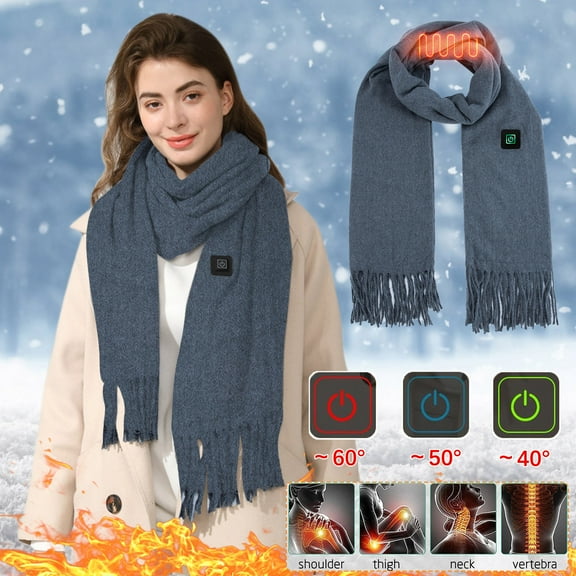 Axiiglly Heated Scarf USB Smart Rechargeable Heated Scarf 3 Temperature Adjustment Washable Electricity Heated Neck Warmer Solid Color Cold Outdoor Protection Portable Heating Scarf