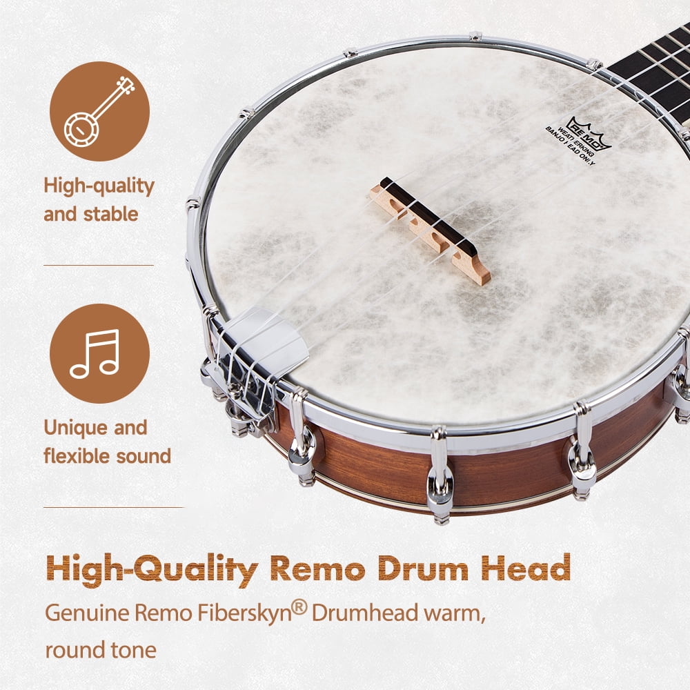 Banjolele Aklot 4 Corde - Ukulele Banjo Con Remo Drumhead, Open Back, Per Musica Folk - Foto 13
