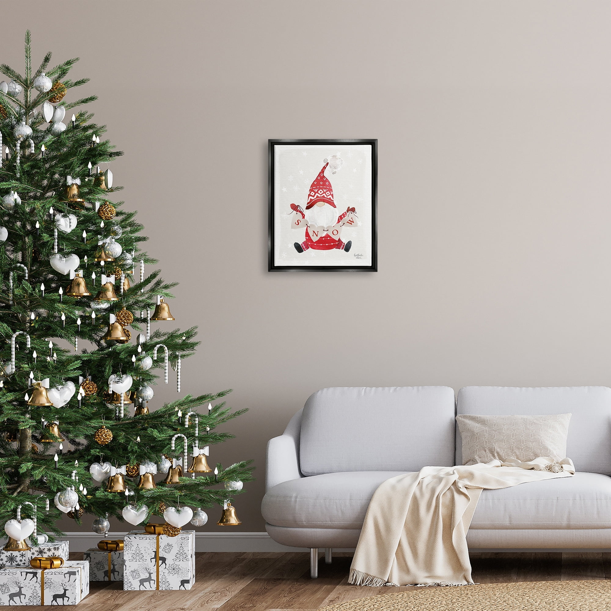 Stupell Industries Holiday Snow Banner Patterned Red Garden Gnome Graphic Art Jet Black Floating Framed Canvas Print Wall Art, Design by Heatherlee Chan