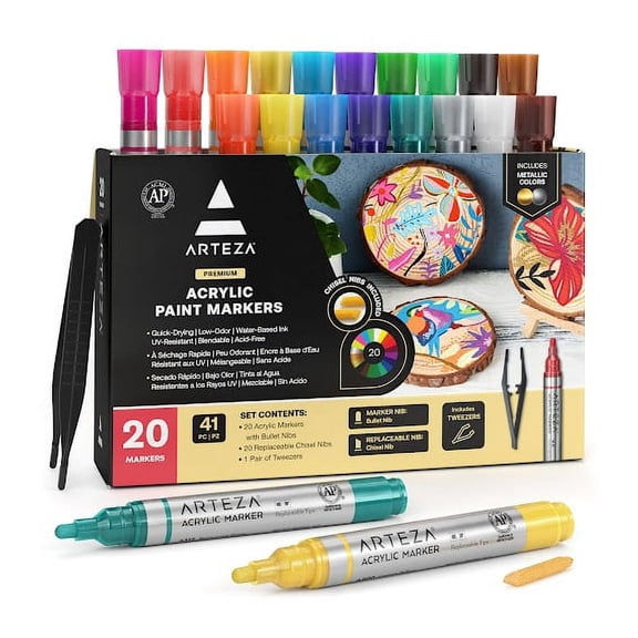 Arteza Premium Acrylic Artist Marker Set, Classic Hues and Metallic Colors, Replaceable Tips - 20 Pack
