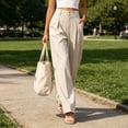 thumbnail image 6 of Women's Double Button High Waisted Wide Leg Pants, Tummy Control Pull On Trousers With Functional Pockets, Casual Loose Dress Pants For Office Daily Wear, Soft | TruBelle,Beige L, 6 of 9