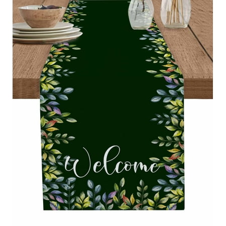 

Welcome Green Leaf Table Runner Pastoral Summer Botanical Tablerunners 13 x 90 Inch Table Decorations Tabletop Scarf for Summer Gathering Holiday Farmhouse Kitchen Dining Decor