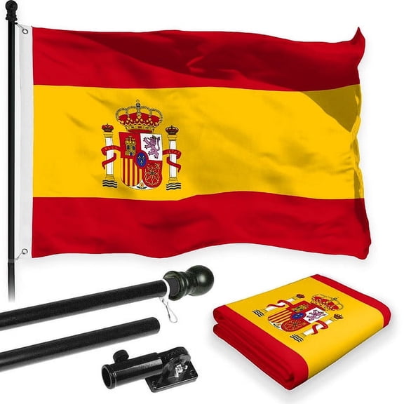 G128 Combo Pack: 6 Feet Tangle Free Spinning Flagpole (Black) Spain Spanish Flag 3x5 ft Printed 150D Brass Grommets (Flag Included) Aluminum Flag Pole