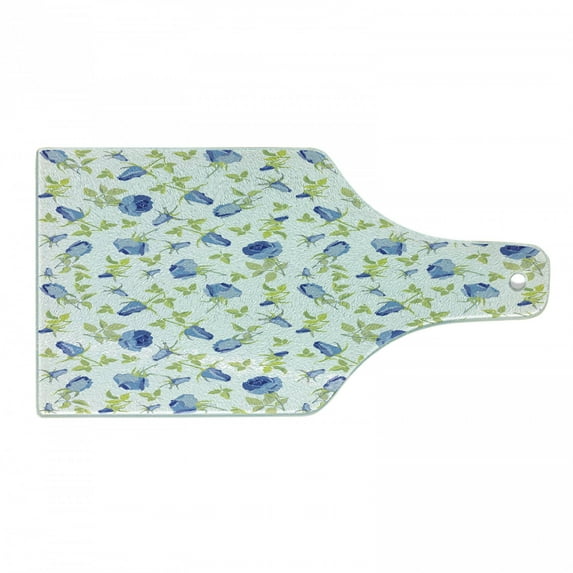 Green Flower Cutting Board, Floral Pattern Abstract Rose Design Romance Valentines Day Inspired, Tempered Glass Cutting and Serving Board, Wine Bottle Shape, Blue Pale Green White, by Ambesonne