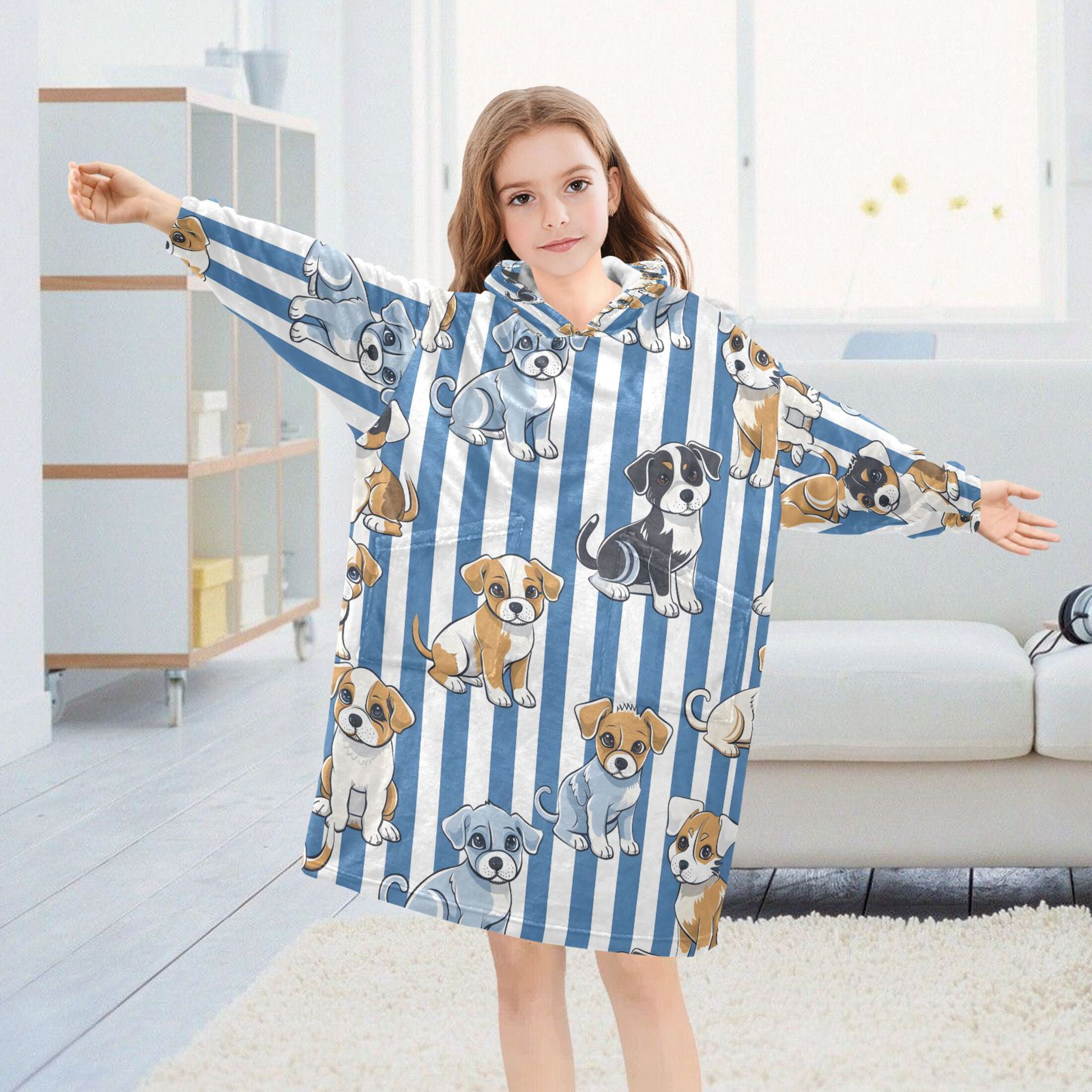 joogoo Wearable Blanket Hoodie for Cartoon Puppy Dog Stripes Flannel Sherpa Pocket 3-14 YR S