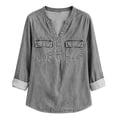 thumbnail image 7 of Kadlawus Long Sleeve Loose V Neck Denim Button Down Shirt Women Fall Casual Basic Pullover Tops Soft Stretchy Comfort Commute Travel Home Daily Wear, Gray 2XL, 7 of 7