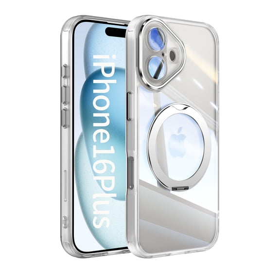 for iPhone 16 Plus Case with Integrated Lens Protector, [Foldable Stand & Rotatable Ring Holder], Glossy Shockproof Bumper Dustproof Clear Women Men Case for iPhone 16 Plus, White